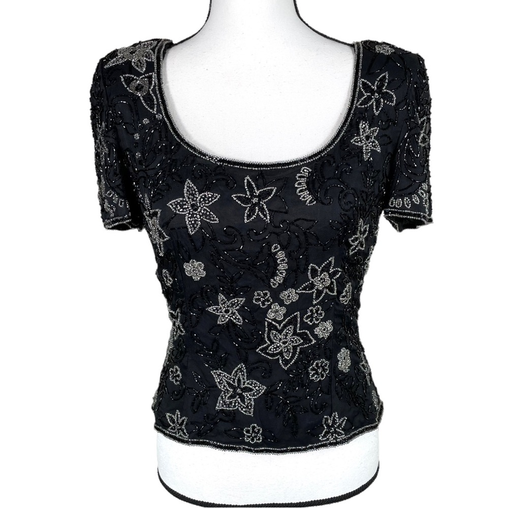 Papell Boutique Black Sequin Padded Shoulder Top